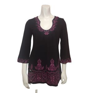 Inc International Concepts Black Purple Embroided Sequined Tunic Womens Size M